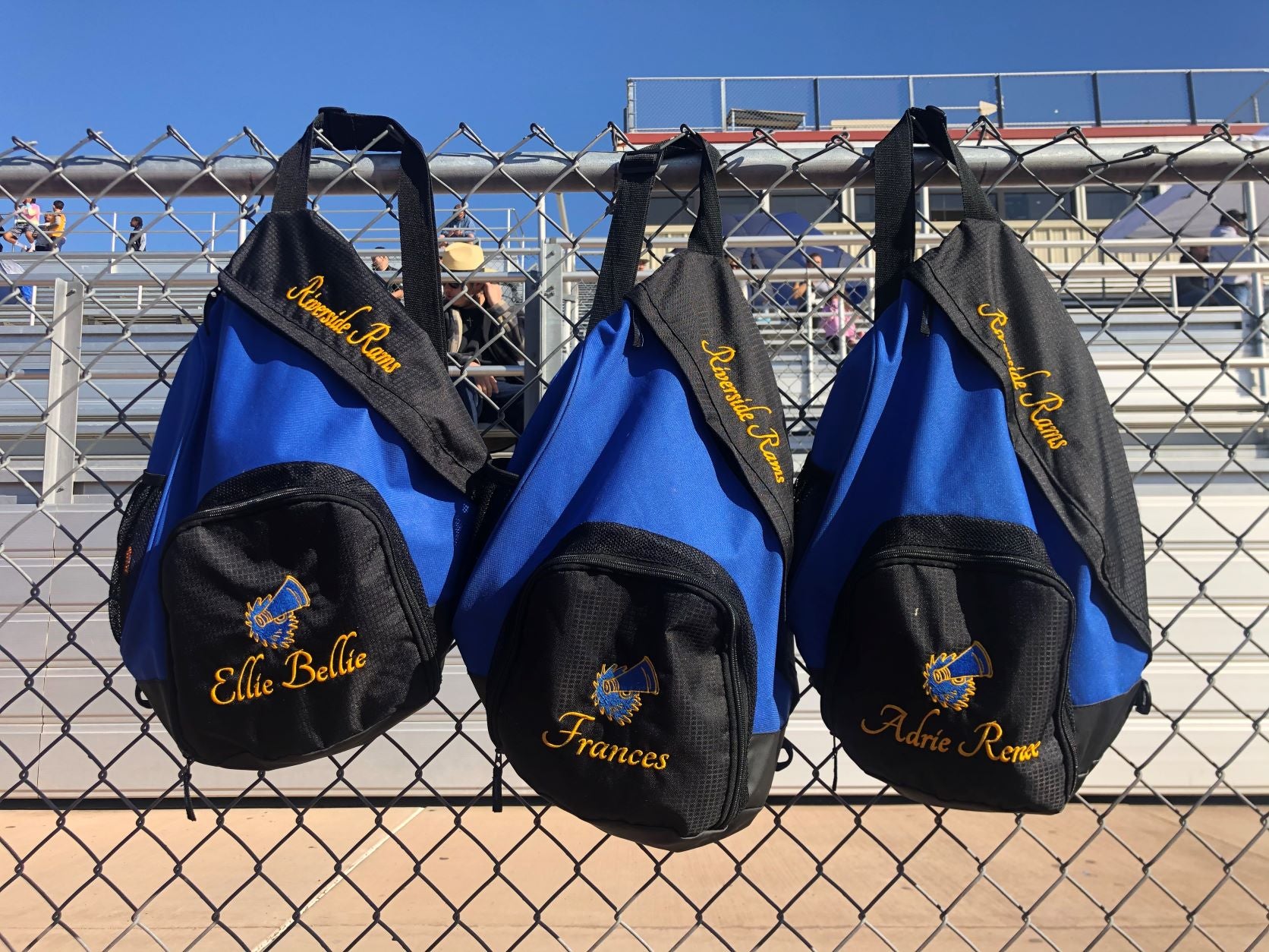 blue embroidered cheer bags